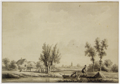 809945 Gezicht op het landschap in de omgeving van Houten, waarvan de kerktoren aan de horizon is te zien.